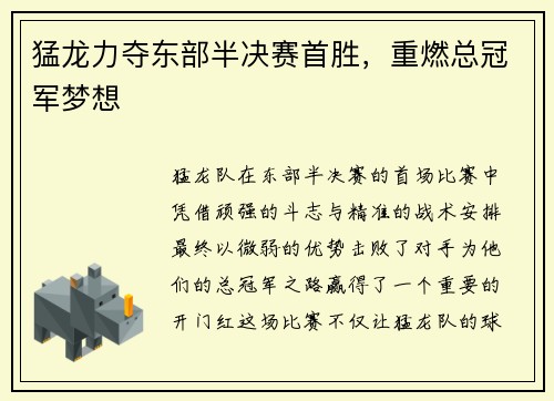 猛龙力夺东部半决赛首胜，重燃总冠军梦想