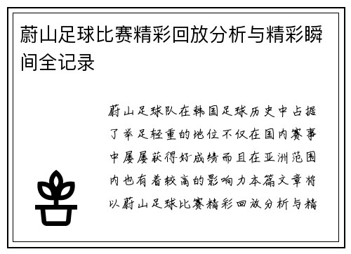 蔚山足球比赛精彩回放分析与精彩瞬间全记录